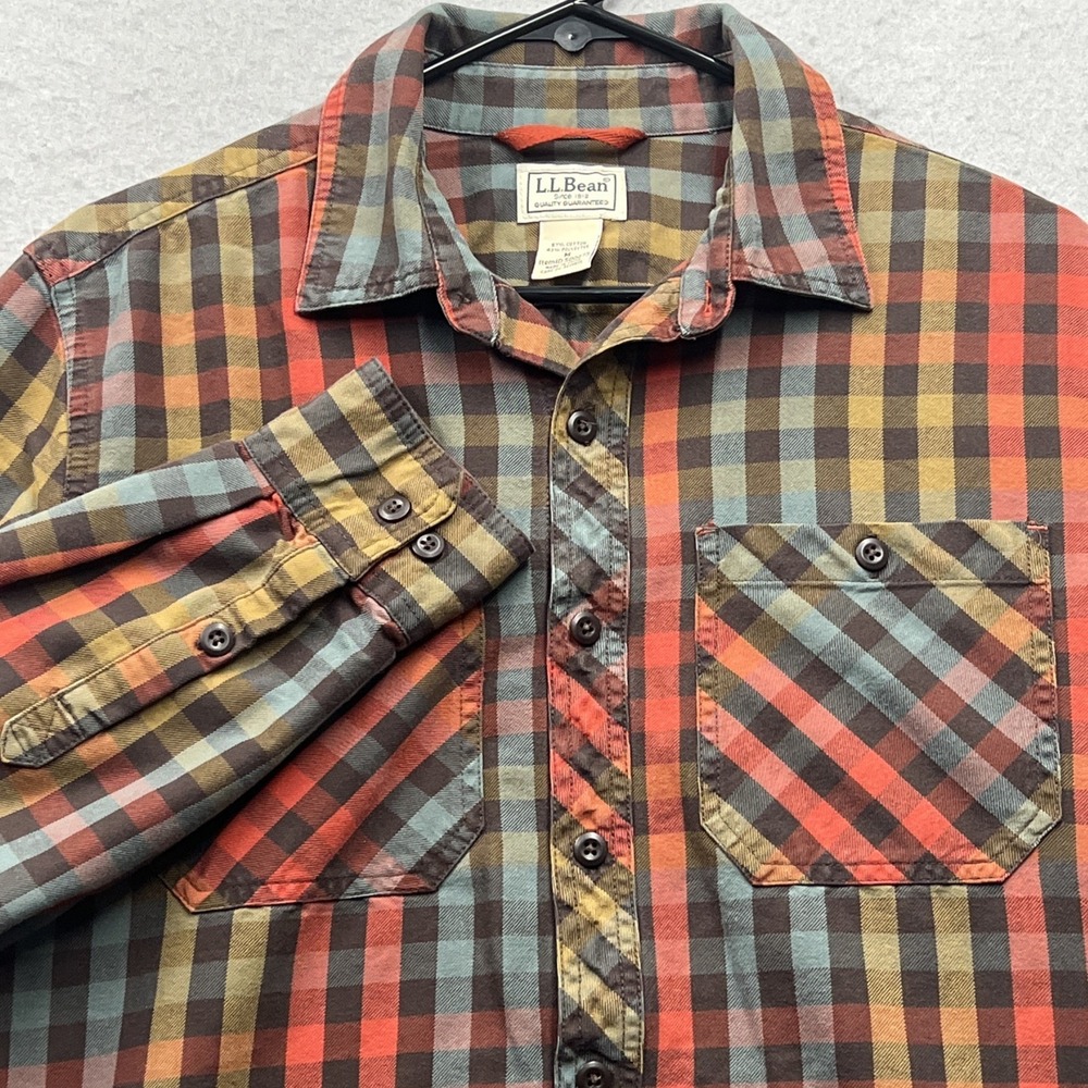 LL Bean Plaid Button Up Shirt Mens Medium Red Green Outdoor Activity Hiking